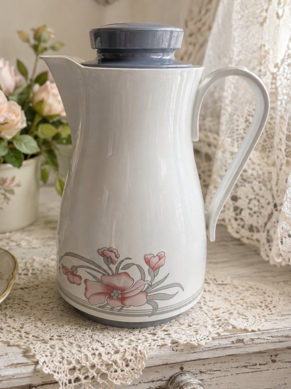 Vintage Thermos Model 820 Floral Carafe West Germany Pink Flower Vacuum Serve